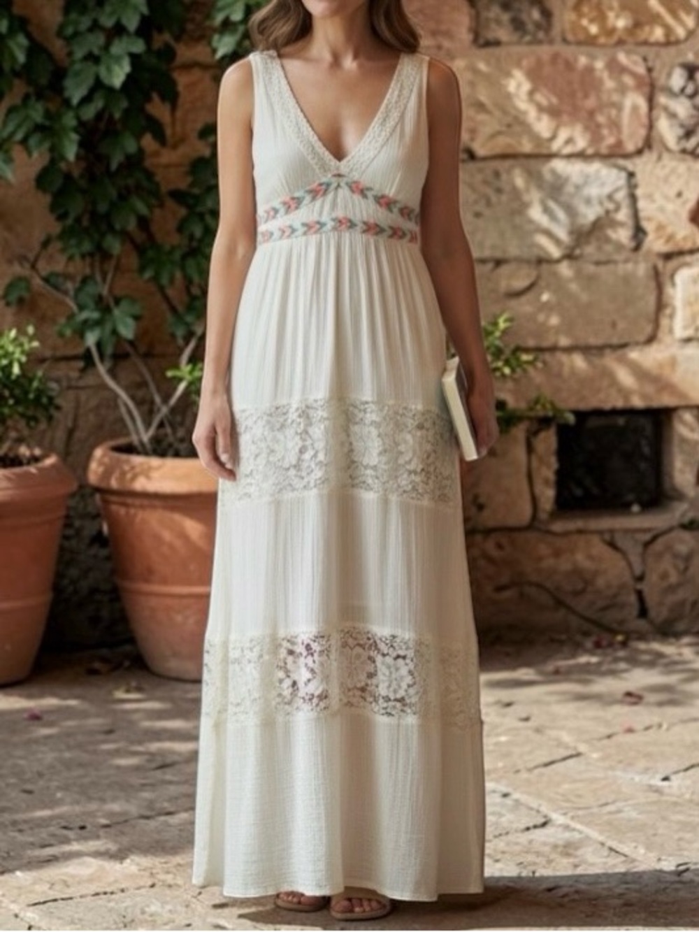 Flying Tomato Cream Boho Empire Waist Lace Details Maxi Dress Size Medium